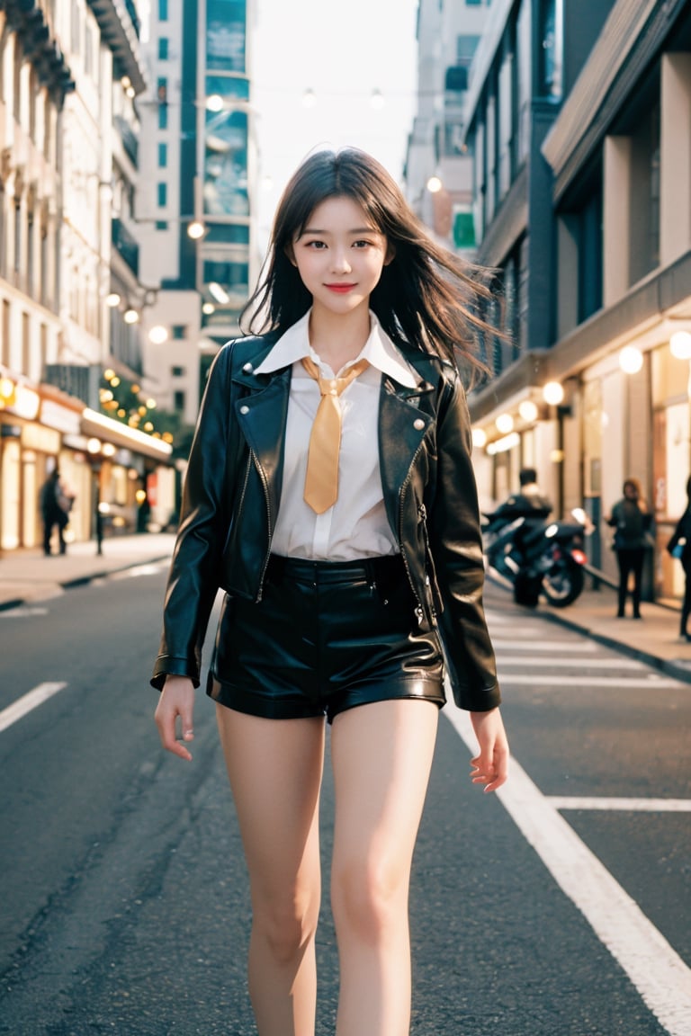 Photography, (Highest Quality, Masterpiece: 1.2), 8K, HDR, Photorealism, (Film Framing: 1.3), (Vivid Colors: 1.2), Fine Detail & Textures, Masterpiece, Highest Quality, Super Detail, Charming Smile, Perfect, Hands, detailed face, Korean girl, black hair, brown eyes, black leather shorts, basic collar neck suit uniform, (riding a motorcycle on the road), (Christmas decorations on the building), (small lights are twinkling), school look color Tie, leather jacket, black leather boots,