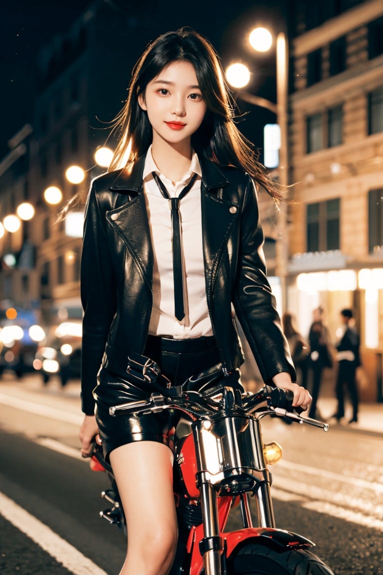 Photography, (Highest Quality, Masterpiece: 1.2), 8K, HDR, Photorealism, (Film Framing: 1.3), (Vivid Colors: 1.2), Fine Detail & Textures, Masterpiece, Highest Quality, Super Detail, Charming Smile, Perfect, Hands, detailed face, Korean girl, black hair, brown eyes, black leather shorts, basic collar neck suit uniform, (riding a motorcycle on the road), (Christmas decorations on the building), (small lights are twinkling), school look color Tie, leather jacket, black leather boots,