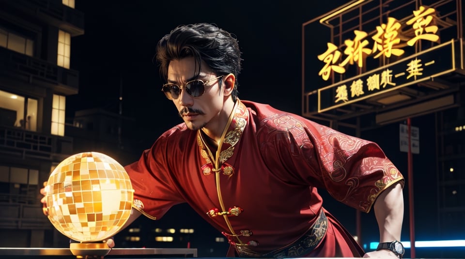 ((20year Man:1.5)), ((1man:1.4)), solid body shape, beautiful shining body,detailed face,moustache,
black hair,((chinese crown)),(full body),
(black eyes),high eyes,(neon sunglasses),
Hanfu,old chinese costumes,A fan made of feathers,
whole body,natural light,random Angle,((have a spear)),
((realism: 1.2 )), dynamic far view shot,cinematic lighting, perfect composition, by sumic.mic, ultra detailed, official art, masterpiece, (best quality:1.3), reflections, extremely detailed cg unity 8k wallpaper, detailed background, masterpiece, best quality , (masterpiece), (best quality:1.4), (ultra highres:1.2), (hyperrealistic:1.4), (photorealistic:1.2), best quality, high quality, highres, detail enhancement,((manga like visual)),
In disco,Night club, mirror ball,Party!,
,Zhuge Liang Kongming,ScienceDNAStyle,neon_grid_sunglasses