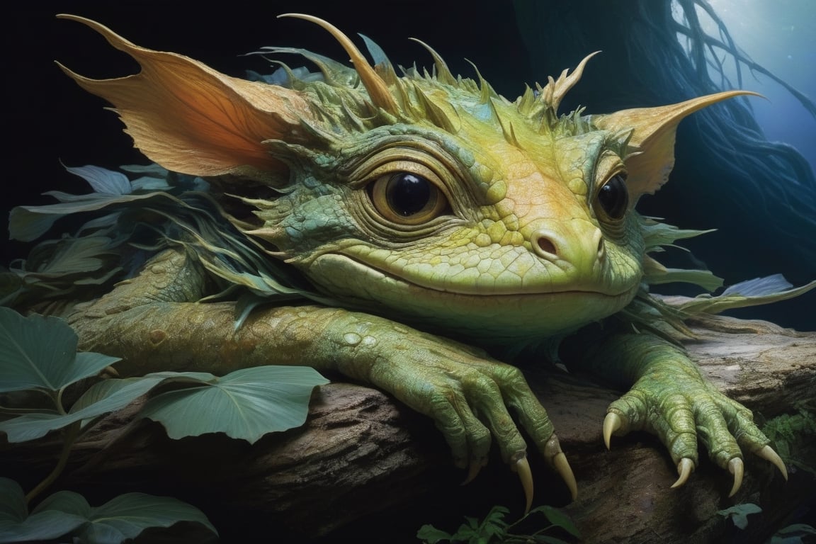 (Designed by Brian Froud), (Designed by Louis Majorelle), oil painting, chiaroscuro, comic style, sci fi, Smaragd Green and Gold A snoozing fluffy hybrid creature, skin made of layered scales and coral, fronds, large round eyes, bioluminescence, ethereal, Zoraï, Sylvari, amber glowing eyes on (cold pressed 300g/m² cotton paper), dynamic, highly detailed, artstation, concept art, smooth, sharp focus, illustration, art by John William Waterhouse and H.R. Giger, detailed coral reef background, 60-30-10 color rule, ultra realistic, ultra high definition, ultra high resolution, hyper detailed skin and eyes warm tones, rays of sunlight
