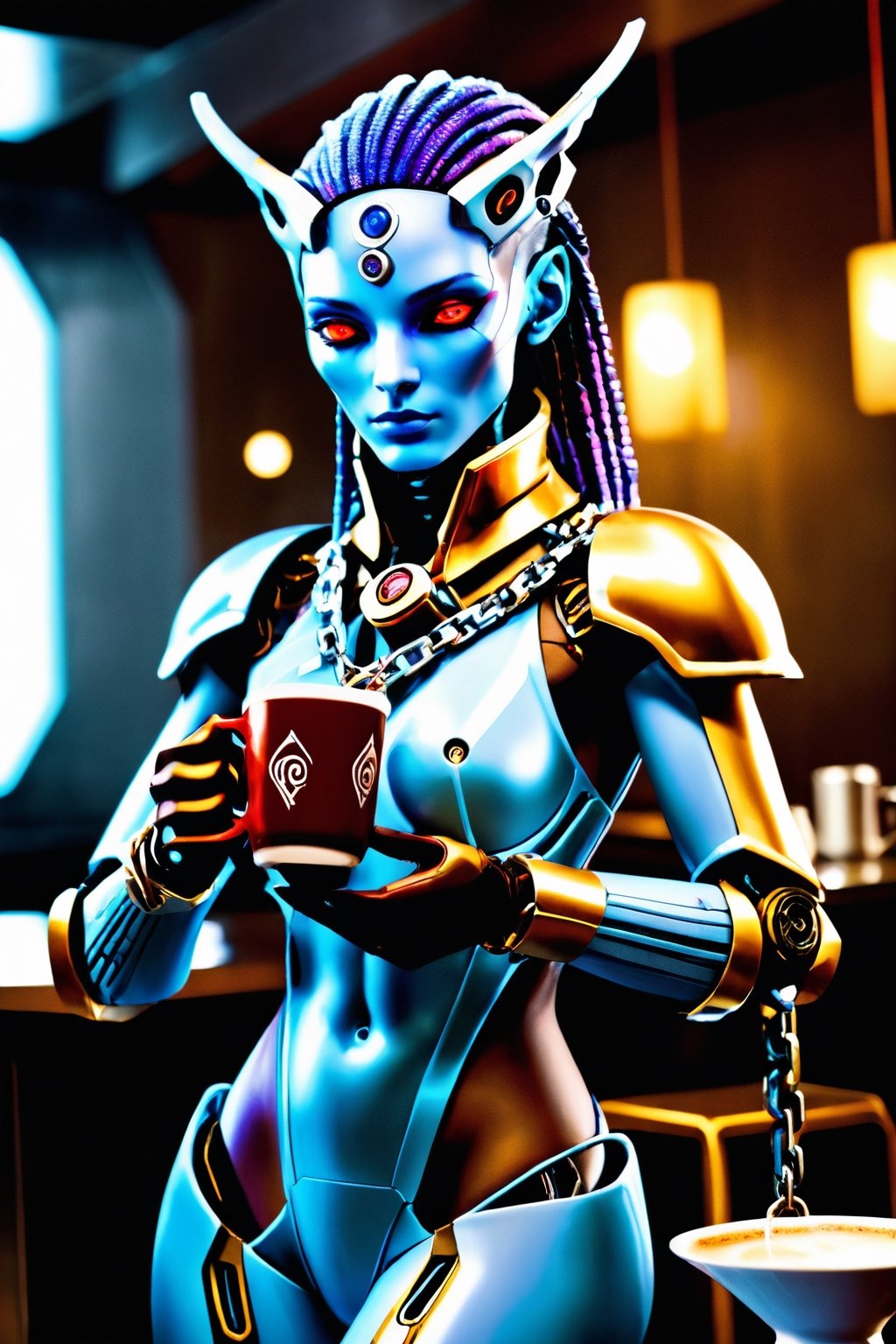 Please generate,  alien human-like humanoid,  holding a steaming cup of aromatic coffee in one hand by fantomas on Tensor.Art