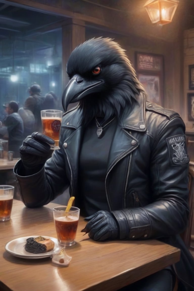Cartoon of an extremely badass anthropomorphic crow wearing an insanely cool black leather Harley Davidson biker jacket,...
