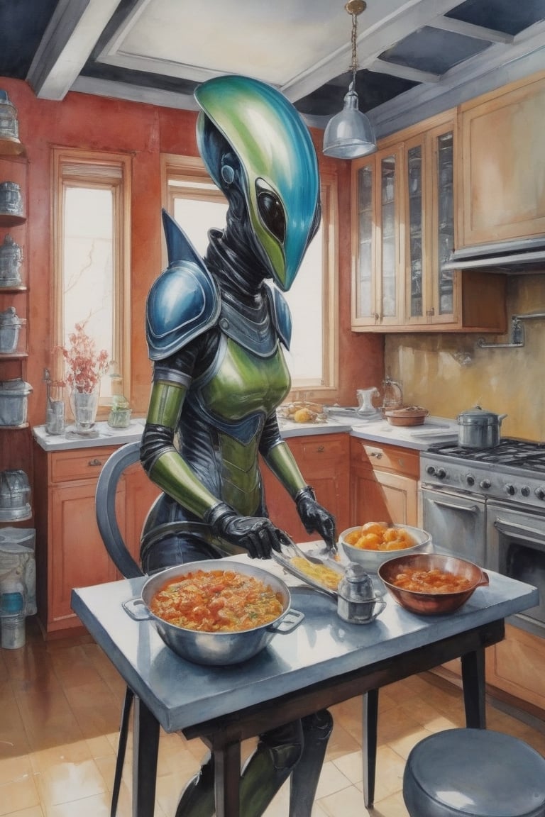 A captivating watercolor painting of a humanoid alien woman in futuristic armor,  cooking food in a Soviet communal apartm...