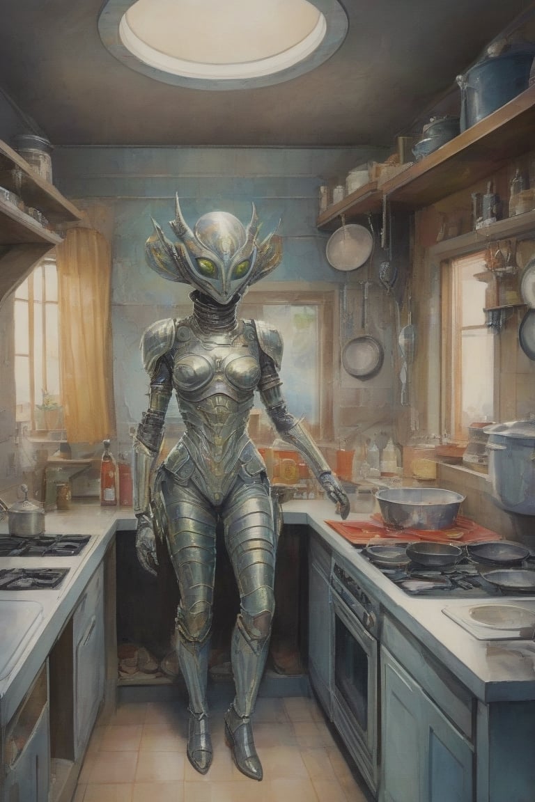A captivating watercolor painting of a humanoid alien woman in futuristic armor,  cooking food in a Soviet communal apartm...