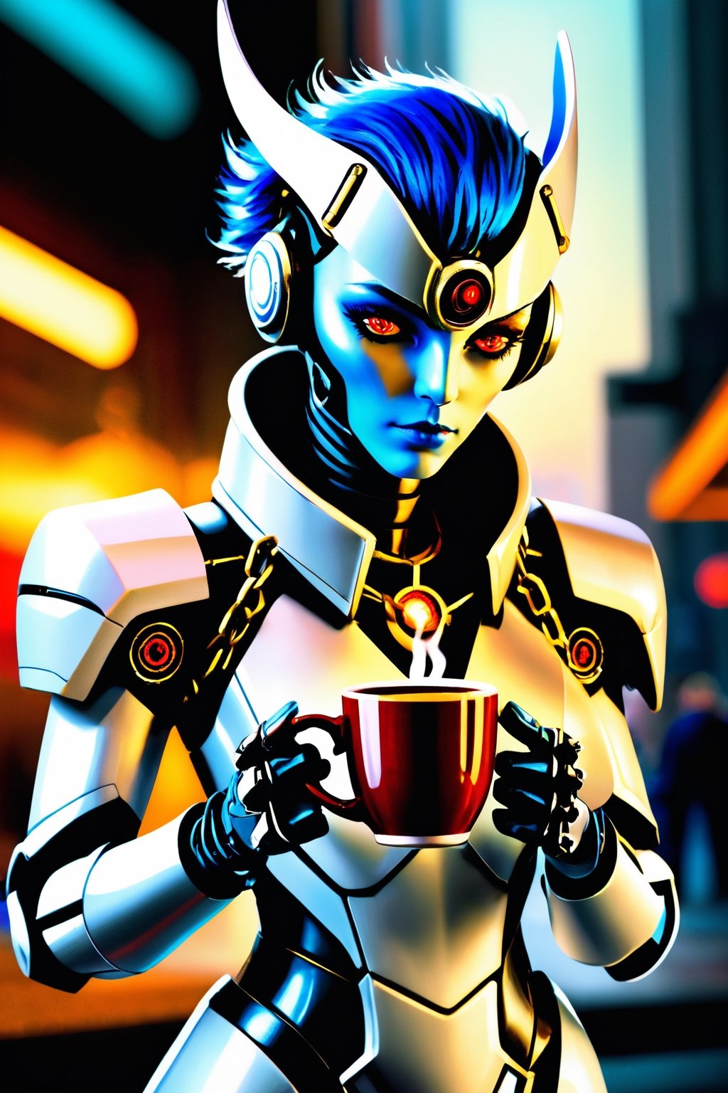 Please generate,  alien human-like humanoid,  holding a steaming cup of aromatic coffee in one hand by fantomas on Tensor.Art