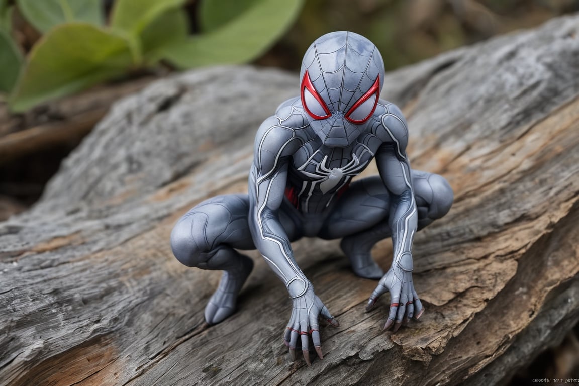 alien-themed (Spiderman) macro photography of a mini cute [rock|gem] alien,  sitting on a [log|rock],  full body by fantom...
