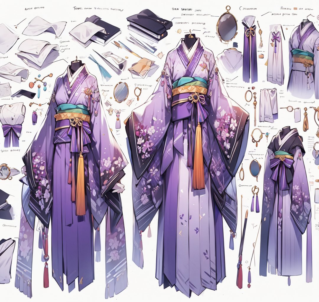 a drawing of a woman's purple kimono concept and accessories, detailed 