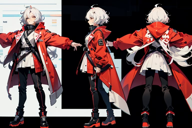 The image features a character with a stylized, anime-inspired design. The character has white hair and is wearing a red coat with a black collar and a white shirt underneath. The coat is open, revealing the shirt. The character's pants are black, and they are wearing black shoes. The overall style is vibrant and colorful, with a focus on the character's attire and the contrast between the red coat and the black pants.
 hands straight ,very_high_resolution ,chara-sheet,More Detail, ((full_body)),Jeremiah_Chugi_Wald,xyzsankurta, (((anime style))),
(((( T pose)))), (((( T poseing))),TPose