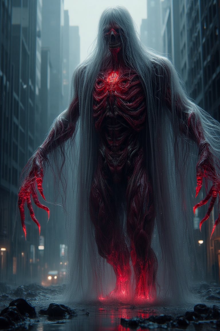 A towering monstrosity with razor-sharp claws, elongated limbs, and glowing red eyes that pierce through the darkness