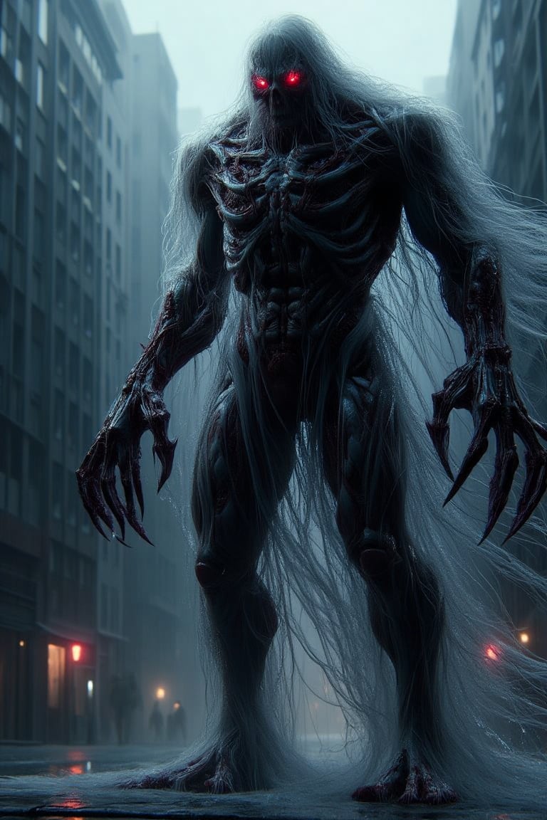 A towering monstrosity with razor-sharp claws, elongated limbs, and glowing red eyes that pierce through the darkness