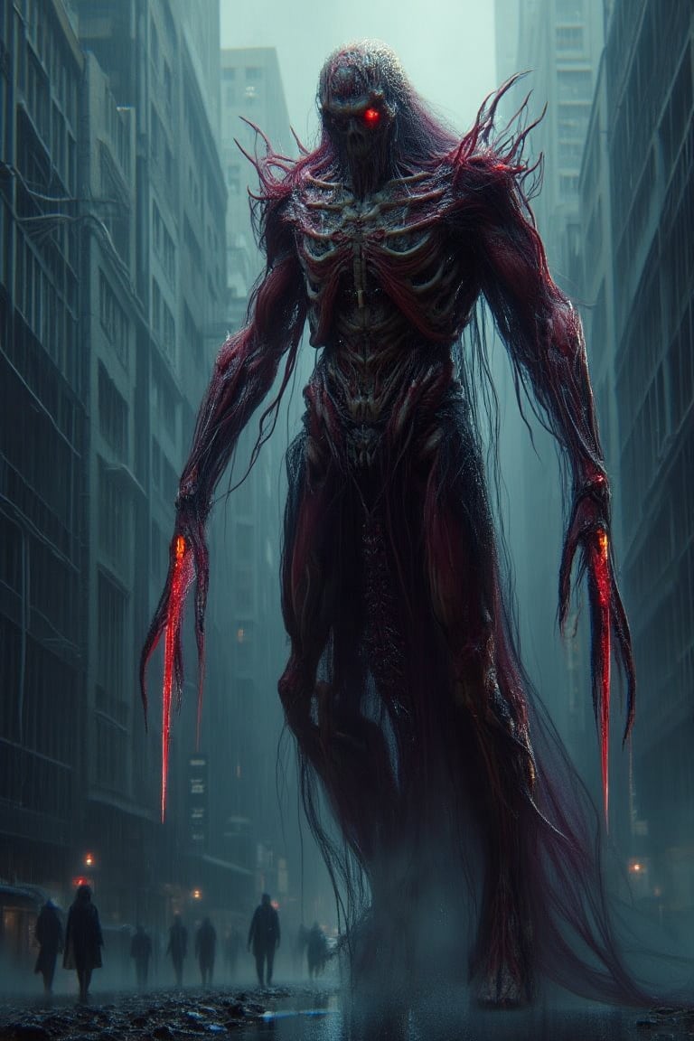 A towering monstrosity with razor-sharp claws, elongated limbs, and glowing red eyes that pierce through the darkness