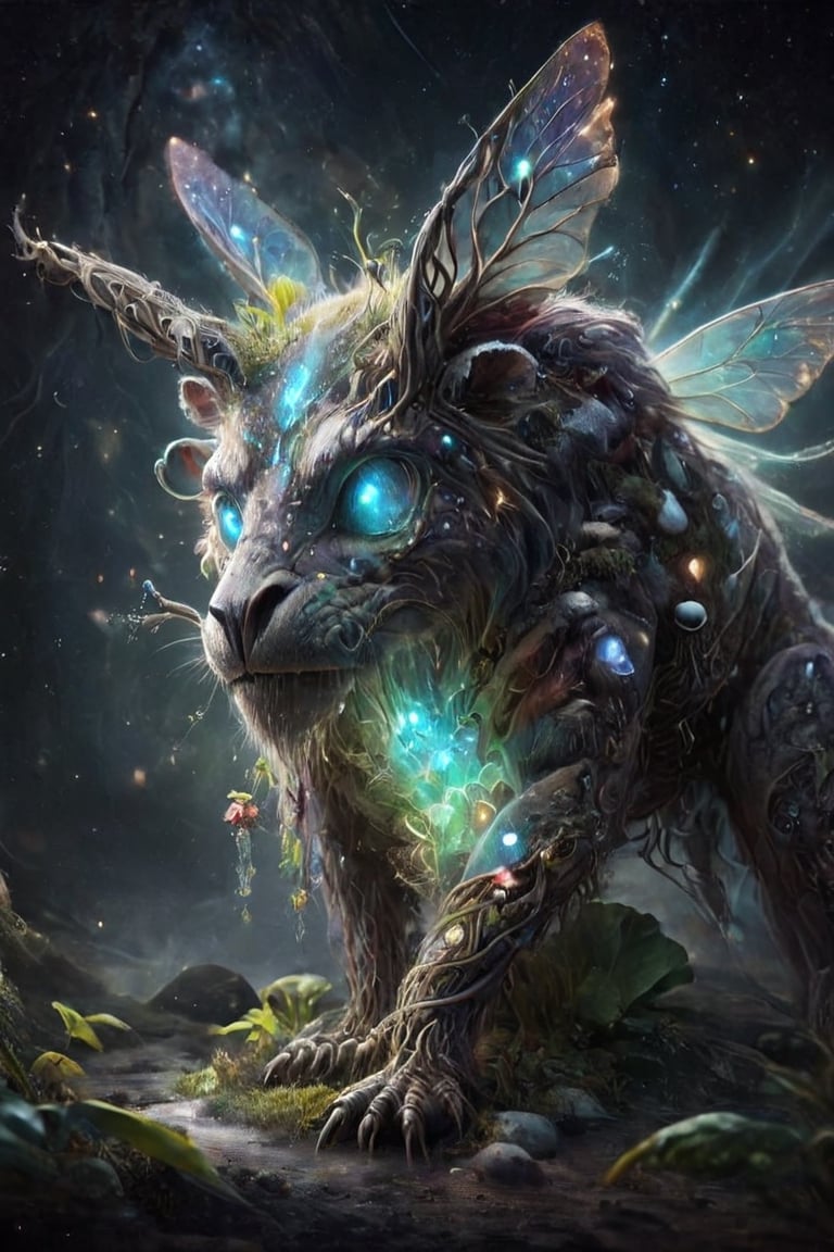 Digital art of a creature affected by the "Mutated Axolochi Syndrome" showcasing the intricate effects of Fiber Optic Nerve Stimulation. This being, a representation of the "Tycho Supermassive Delta Variant", stands as a sentinel species, its form shimmering with iridescent, translucent, and bioluminescent qualities, indicating a heightened sensitivity. The reality of this scene is intensified to mimic "AbsoluteRealityV1.6525" with a focus on dramatically amplified details. The environment around the creature is a whirlwind of botanical elements, each more over-dramatic than the last: arcane, divine, angelic, demonic, frozen, cryogenic, oceanic, aquatic, thundering, stormy, hellfire, volcanic, restorative, native, artificial, electronic, featherweight, airborne, cosmic, universal, dimensional, oblivion, supernovae, bioluminescent, and evolutionary botanical effects. The image is rendered in high resolution, ensuring every detail is captured. A special emphasis is placed on the creature's face, which has been meticulously restored using hypernetworks, presenting a visage that is both haunting and mesmerizing.