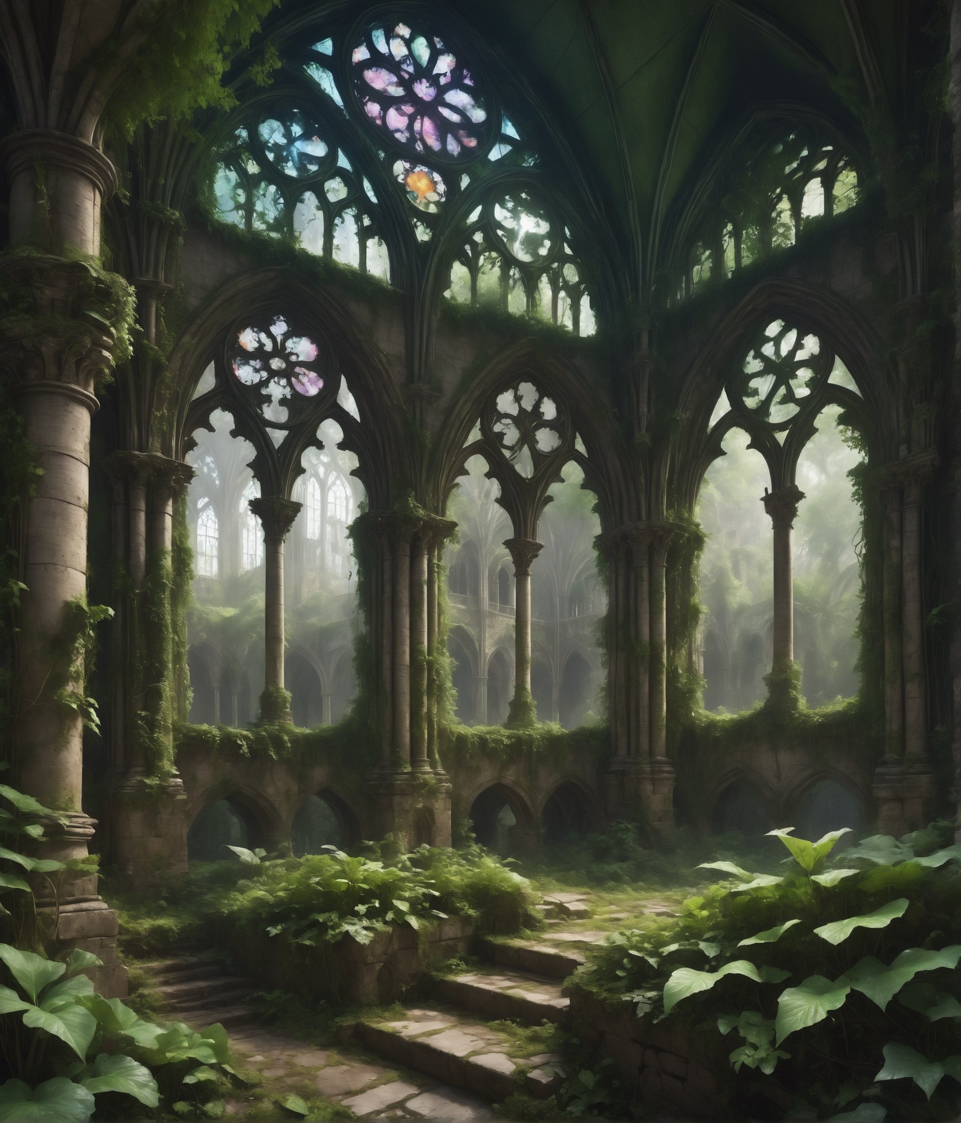 ualize the ruins of a Gothic cathedral in a misty forest. The remaining arches and stained glass windows stand as a testament to its former glory, with ivy and moss reclaiming the stone work.*