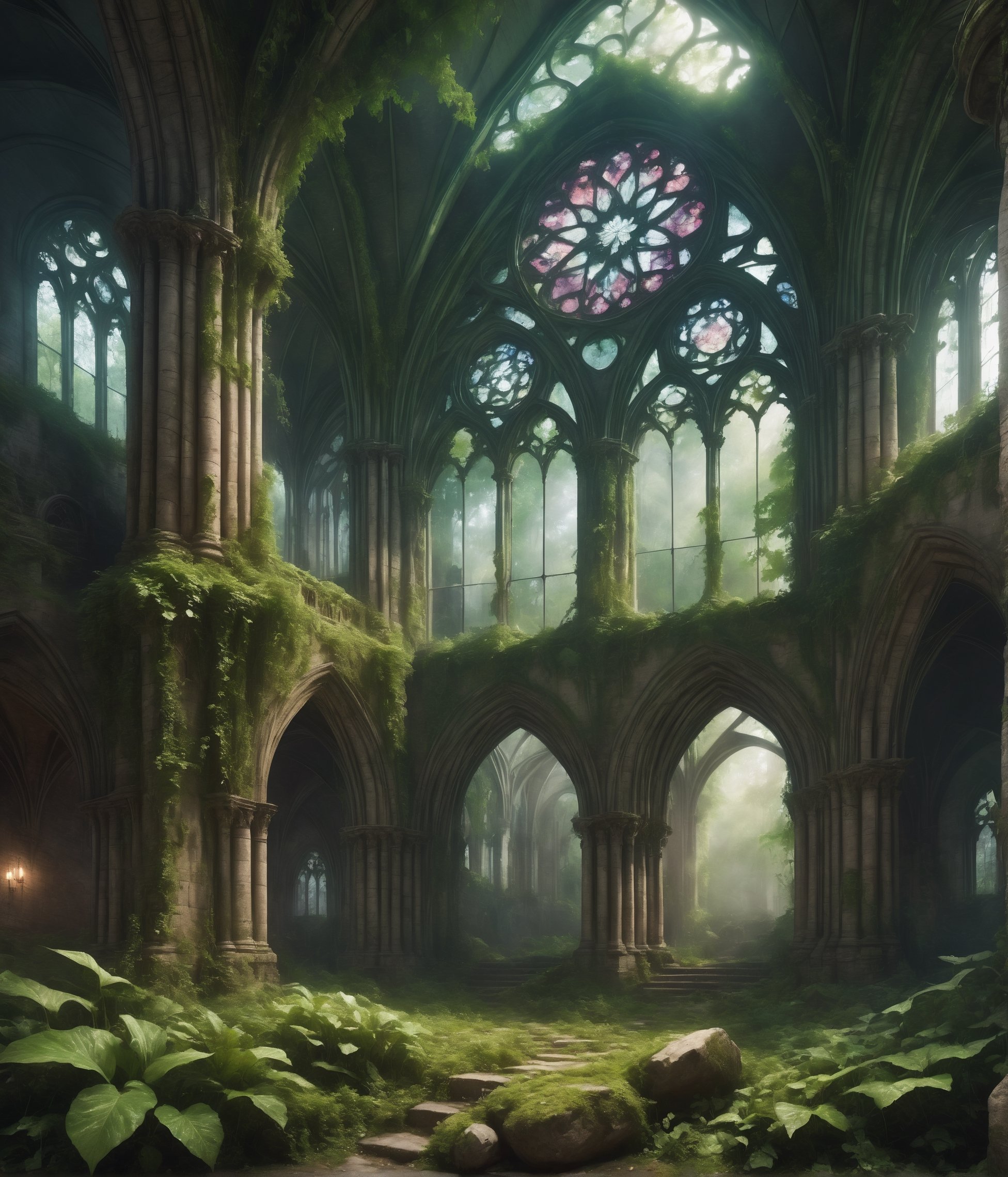 ualize the ruins of a Gothic cathedral in a misty forest. The remaining arches and stained glass windows stand as a testament to its former glory, with ivy and moss reclaiming the stone work.*