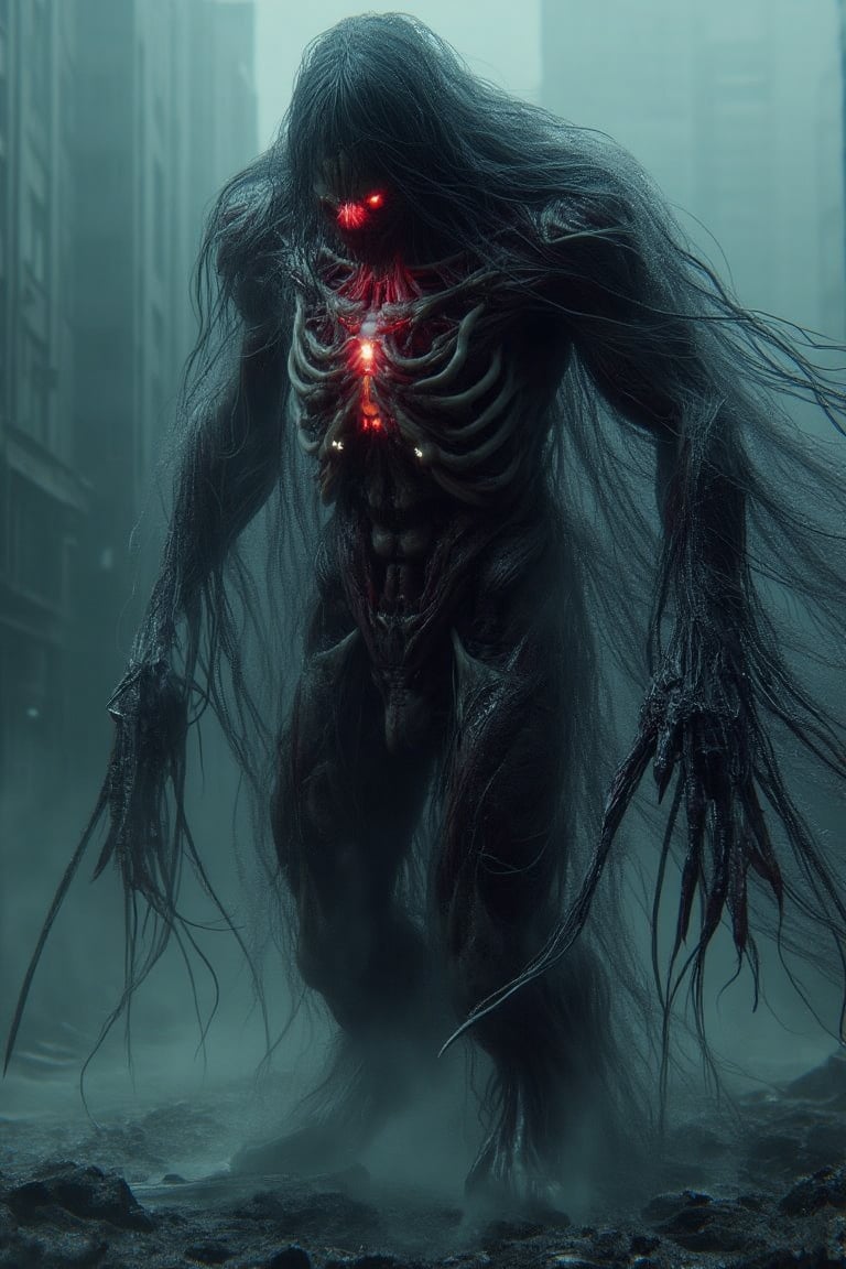 A towering monstrosity with razor-sharp claws, elongated limbs, and glowing red eyes that pierce through the darkness