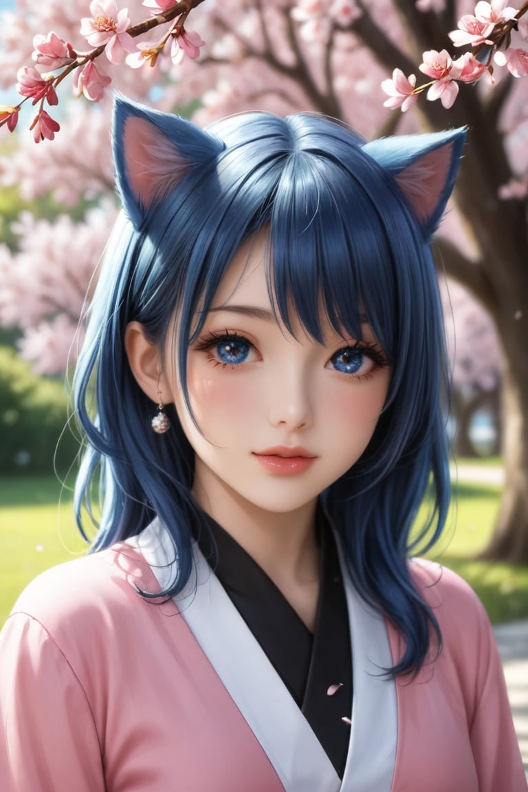 A beautifully rendered anime-style girl with cat ears, set against a backdrop of blooming cherry blossoms, incorporating fairy kei and lovecore aesthetics. She has pastel pink and blue hair, large expressive eyes, and a gentle, thoughtful expression. The scene is vibrant and serene, capturing the delicate beauty of spring with elements of magical whimsy. The overall mood is peaceful and enchanting, with a touch of whimsy and romance. Digital painting with hyperrealistic details, focusing on the soft textures of her hair, the intricate cherry blossoms, and the subtle play of light and shadow on her face. Style includes pastel colors, heart motifs, and a dreamy, romantic atmosphere.