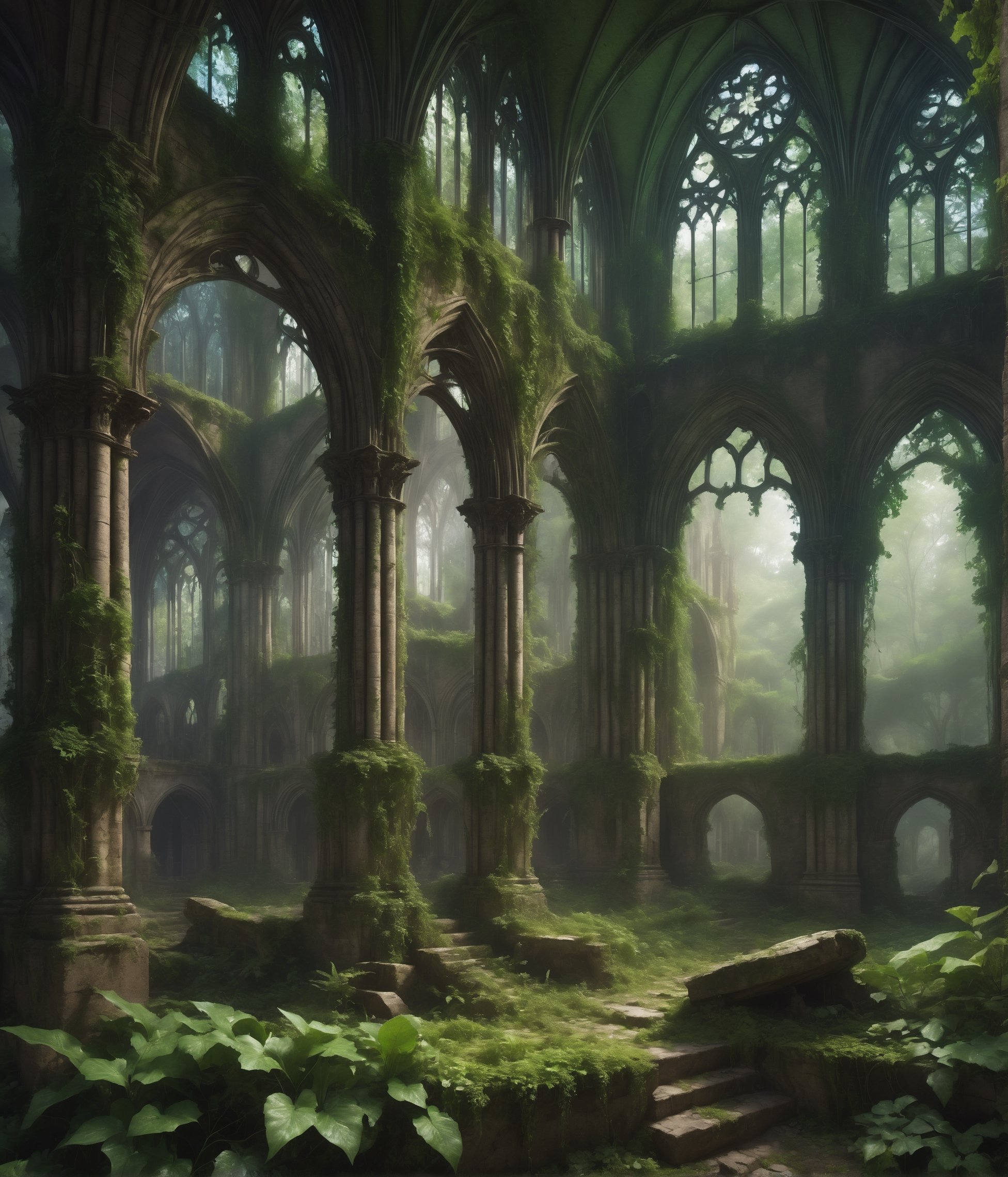 ualize the ruins of a Gothic cathedral in a misty forest. The remaining arches and stained glass windows stand as a testament to its former glory, with ivy and moss reclaiming the stone work.*