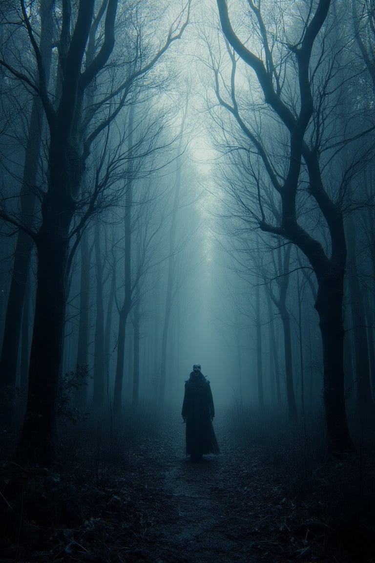 A dark forest shrouded in an eerie mist, where shadowy figures lurk among twisted trees