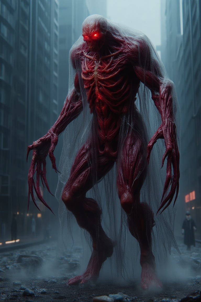 A towering monstrosity with razor-sharp claws, elongated limbs, and glowing red eyes that pierce through the darkness