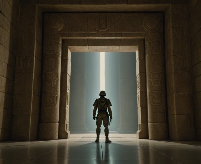 As the soldier reaches the end of the corridor, he stands before a massive doorway, symbolizing the intersection of ancient history and the unknown future. The faint glow of the temple's lights and the soldier's futuristic equipment create an otherworldly ambiance, leaving a lingering sense of mystery in the air.