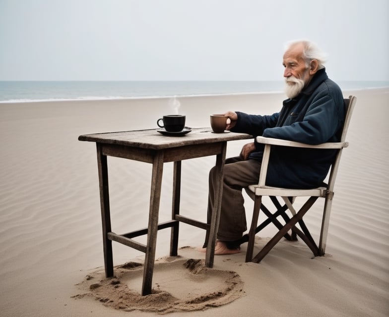 The wooden table standing next to it has an old and time-worn look. The coffee cup lies between the old man's hands, a steaming hot drink. The chair sitting on the sand next to the sea carries a nostalgia that reflects the memories of the past.