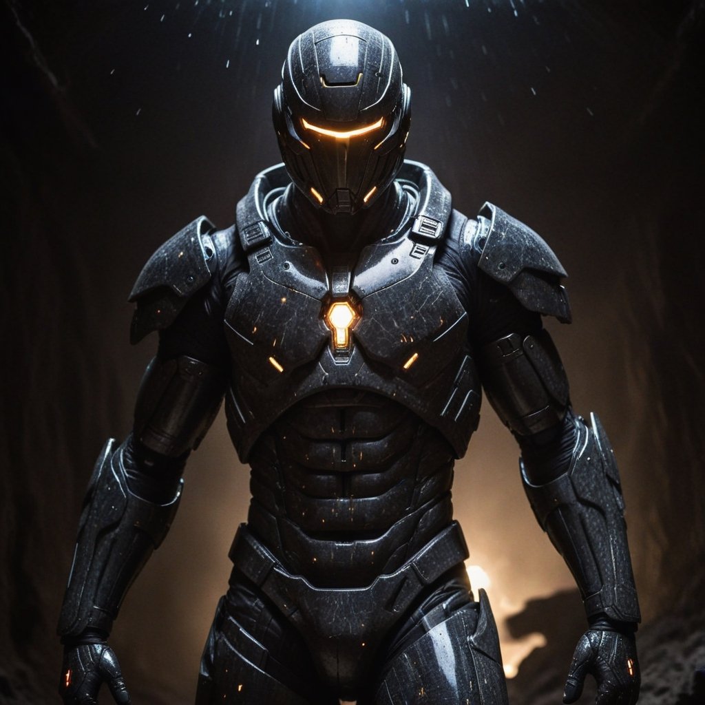 In the dimly lit trench, a young warrior emerges, clad in an advanced suit forged from carbon fibers, a marvel of modern technology. The suit, sculpted to fit with the precision of a second skin, glistens under the harsh glow of distant explosions.