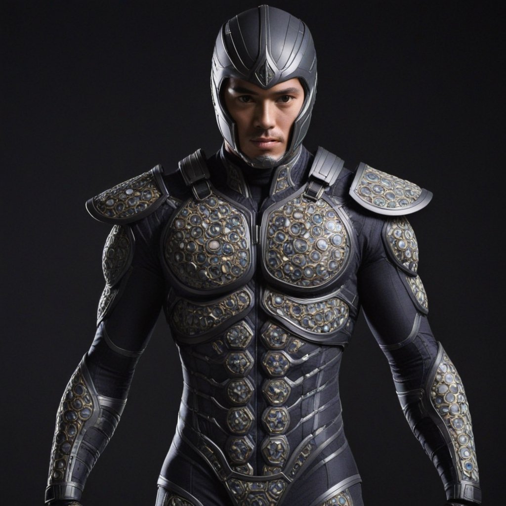 The suit itself is a marvel of genetic integration, tailored to enhance the warrior's physical abilities and provide an impenetrable layer of protection. Its surface is adorned with intricate patterns resembling a molecular helix, paying homage to the very genetic enhancements that define the warrior.