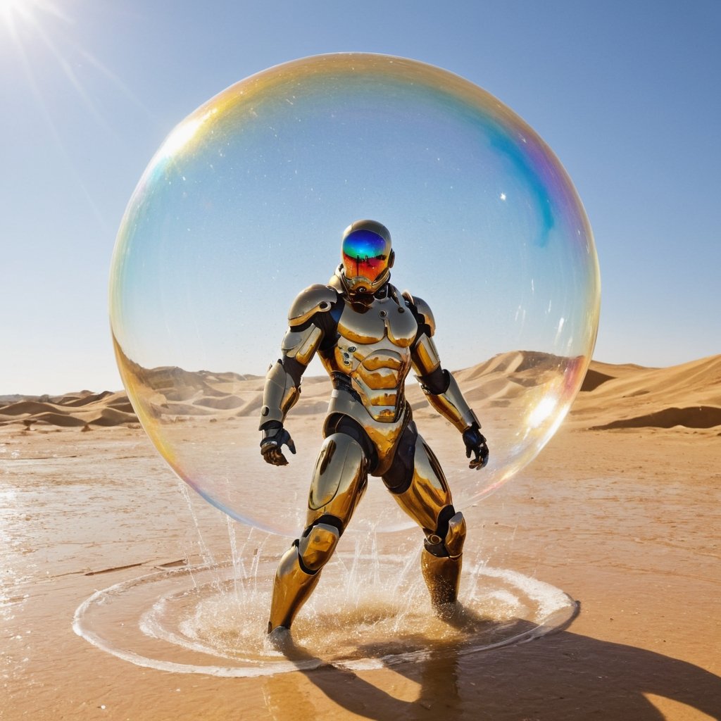 You are faced with an event that suddenly appears on the hot sands in the middle of the desert. Giant water bubbles, mysteriously formed, were slowly falling from the sky. Each bubble sparkled in a thin layer of water and reflected the golden sunlight, creating a riot of colors. A young warrior dressed in an advanced suit made of carbon fiber, a marvel of modern technology, emerges.