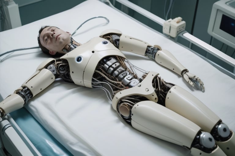 The man lies on his back on the operating table. It was covered with white sterile drapes. His body is equipped with robotic arms and legs.
The robotic limbs on its arms are depicted with delicate details and metallic tones. Perhaps these robotic arms are adorned with a complex array of buttons, sensors, and lights. Their legs have been replaced by exquisitely designed legs that mimic the human form but feature a metallic texture and robotic joint detail.