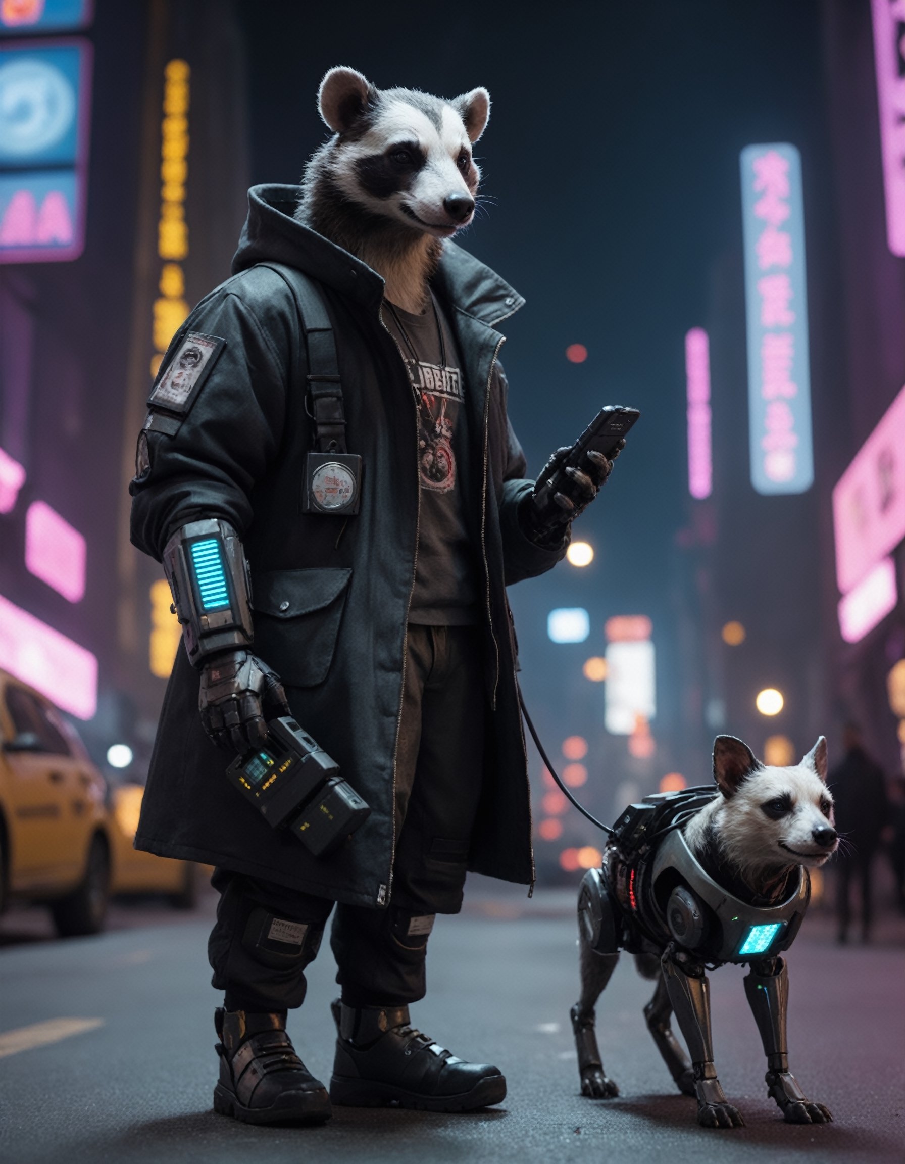 Closeup photo of a cyberpunk badger in night city holding a walkie-talkie and walking a robotic dog