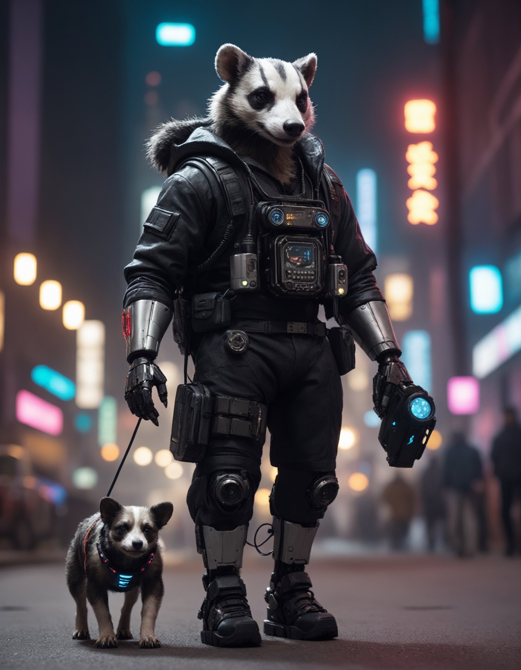 Closeup photo of a cyberpunk badger in night city holding a walkie-talkie and walking a robotic dog