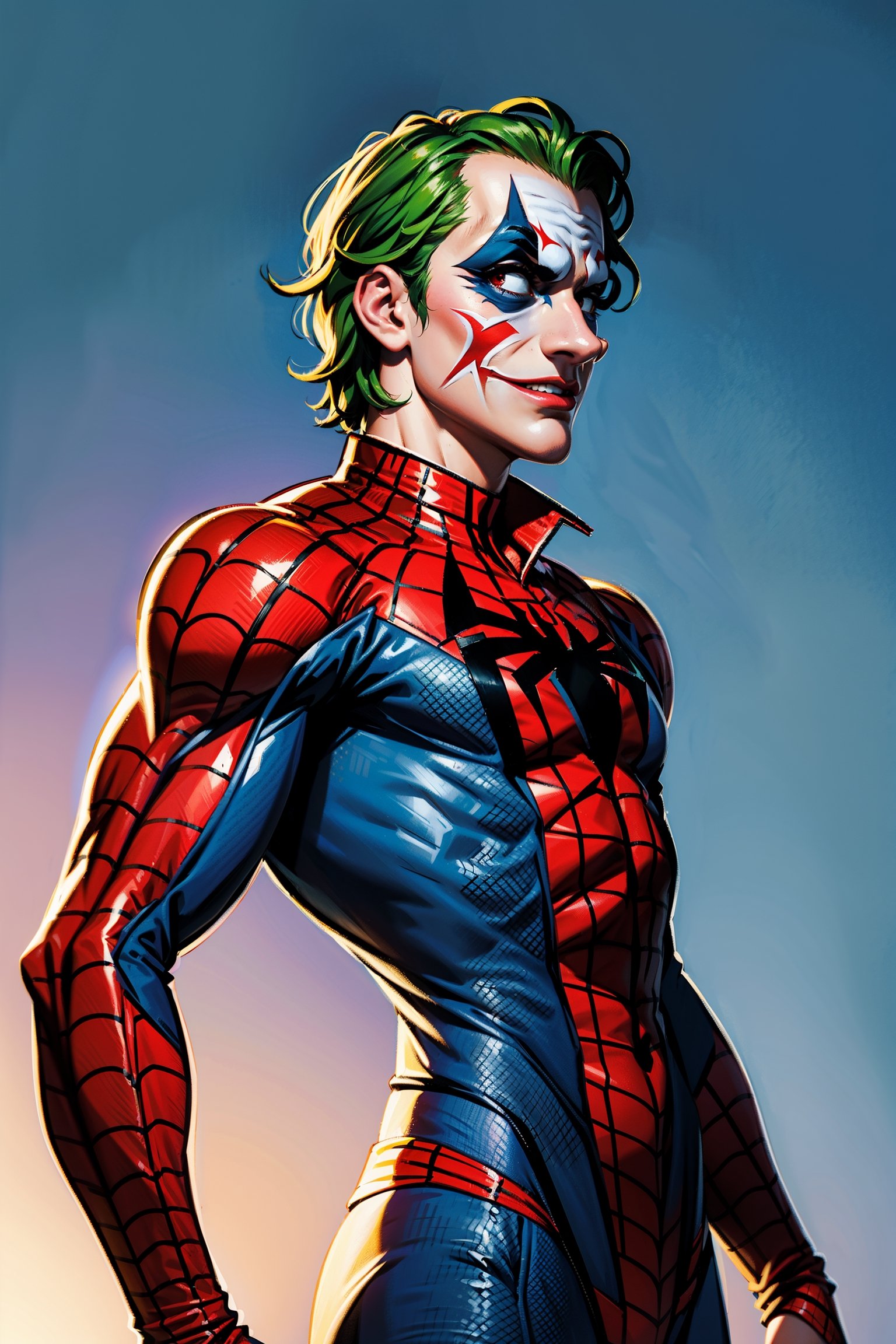 sharpness, joker wearing Spiderman suit, sakura japan background, perfect lighting, high_resolution