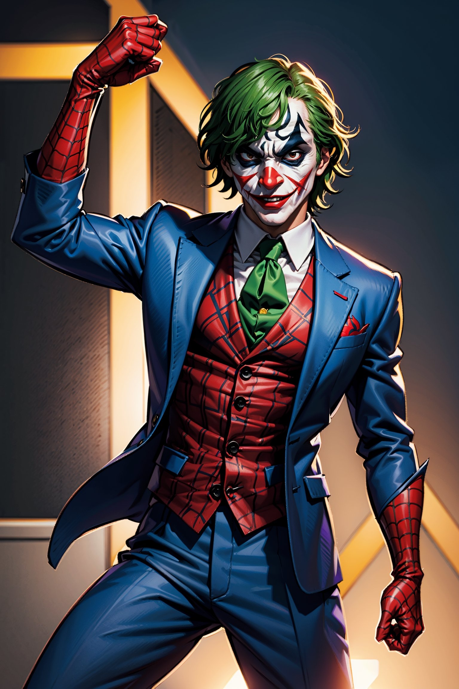 sharpness, joker wearing Spiderman suit, sakura japan background, perfect lighting, high_resolution