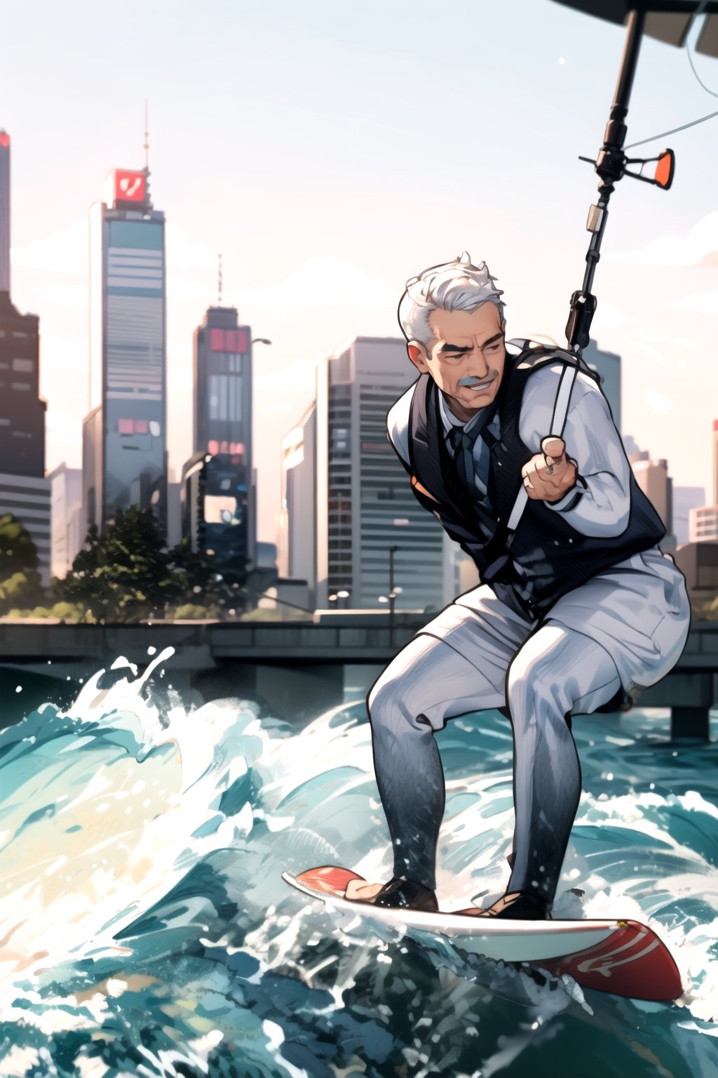 centered, upper body, solo, | white hair, hair pin, white tuxedo suit, | city, urban, street, tokyo city, avenue, urban scenery, | bokeh, depth of field, Surfing in water.