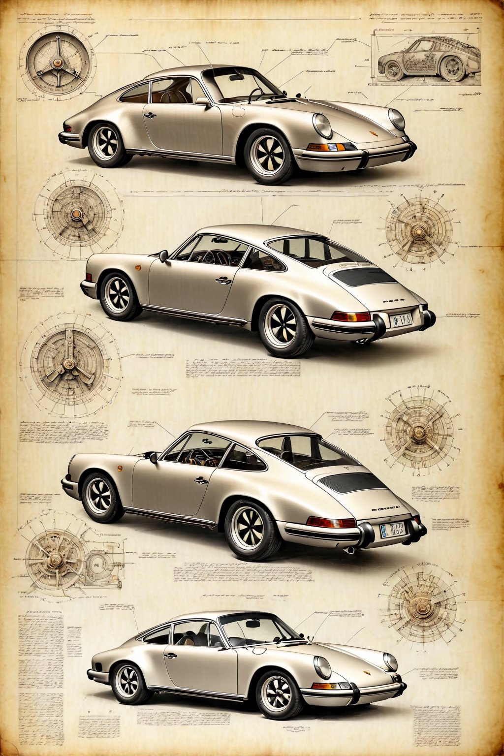Leonardo DaVinci's art style on the theme of original Porsche 911 1963 and parts on the style of Technical drawing and iso...