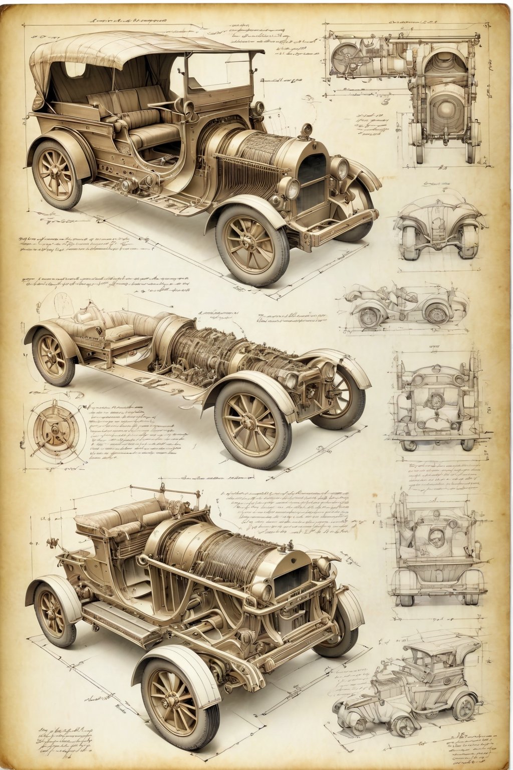 Leonardo DaVinci's art style on the theme of original Dodge WC and parts on the style of Technical drawing and isometric v...