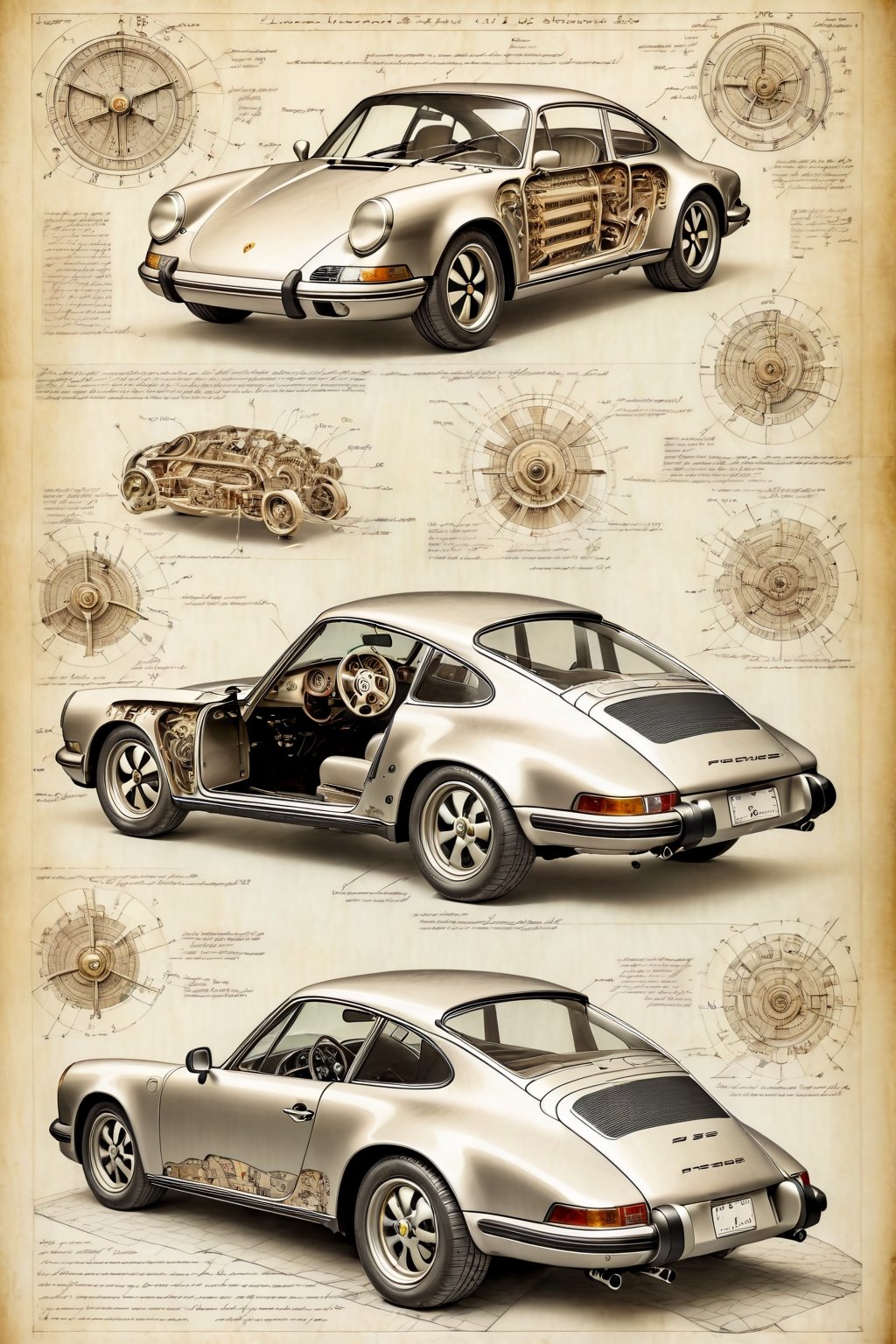 Leonardo DaVinci's art style on the theme of original Porsche 911 1963 and parts on the style of Technical drawing and iso...