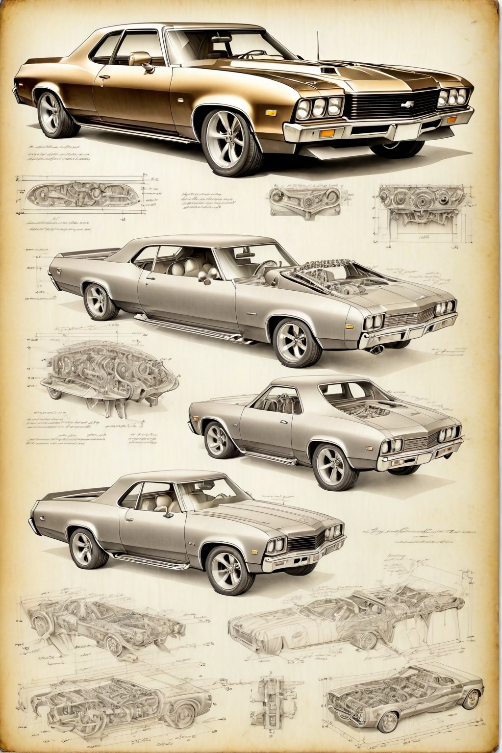 Leonardo DaVinci's art style on the theme of original Chevrolet El Camino SS 1970 and parts on the style of Technical draw...