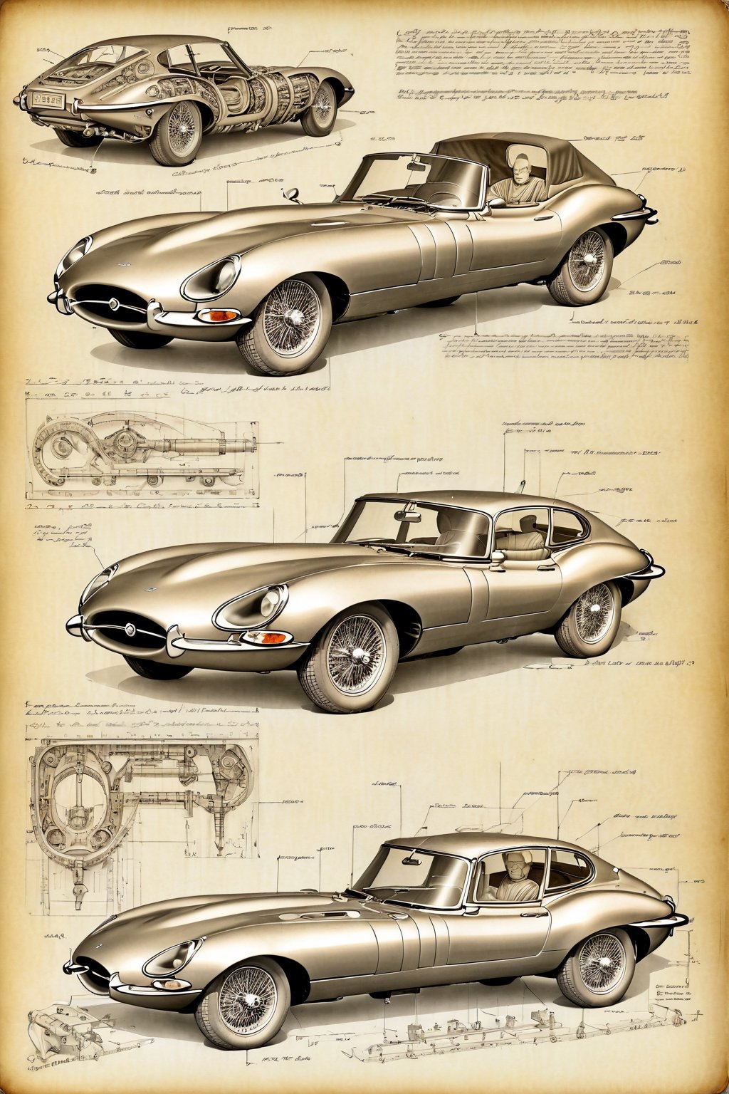 Leonardo DaVinci's art style on the theme of original Jaguar E-Type 1961 and parts on the style of Technical drawing and i...