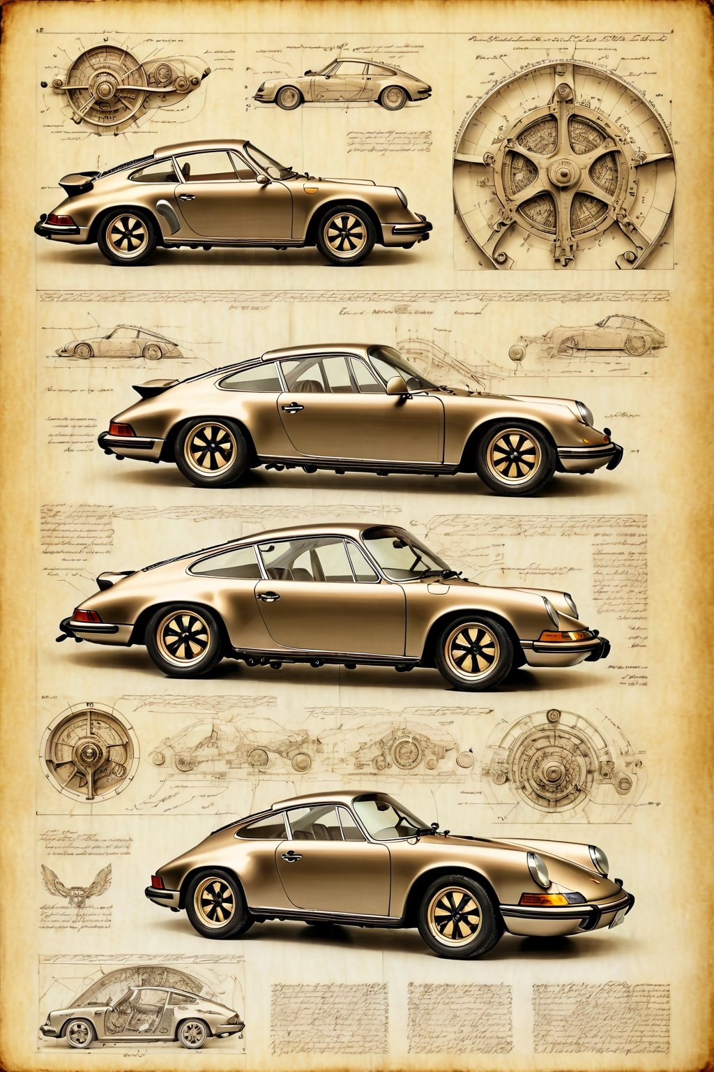 Leonardo DaVinci's art style on the theme of original Porsche 911 1963 and parts on the style of Technical drawing and iso...