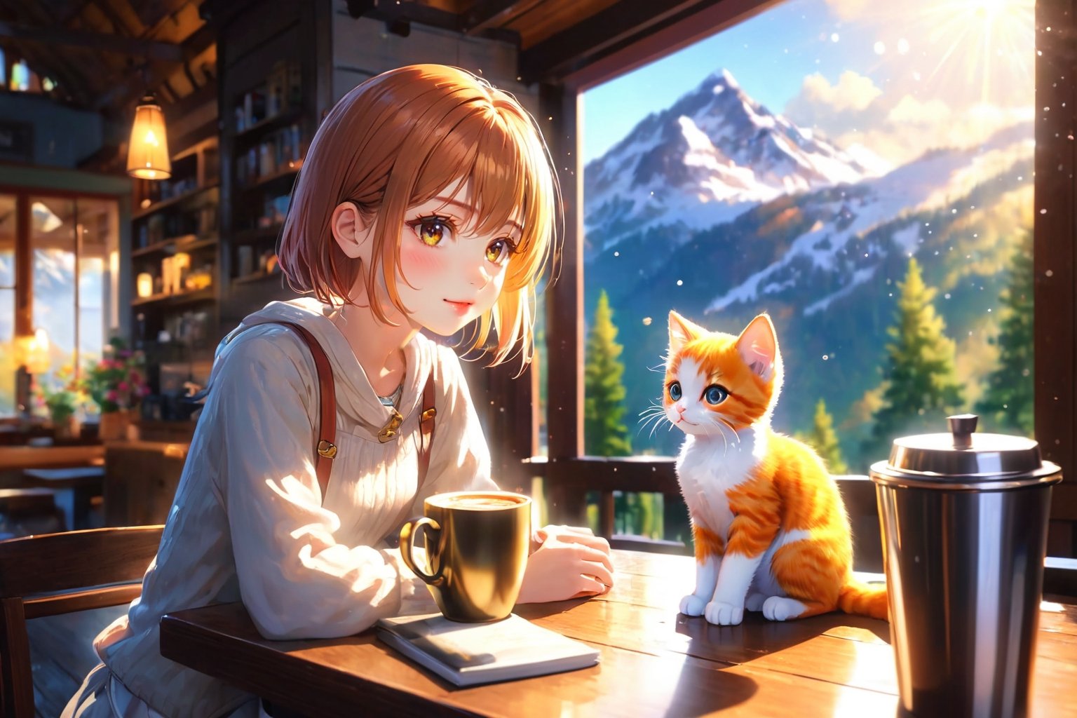 a coffee shop, (girl:1.3), (kitten sitting on the table:1.1), sitting next to the window, sunlight sprinkle, there is hot coffee on the table, rain outdoors, there is a warm fireplace in the coffee shop,, (masterpiece, best quality, ultra-detailed, 8K),beautiful house in mountains free space from trees, daylight:),bobcut,(colorful),cinematic lighting,midjourney