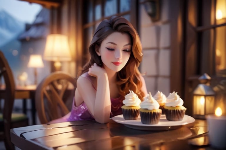 (( a elegantly beautiful girl in her twenties and her kitten are sharing one beautiful cupcake:1.2)), long hair, pretty face, (a kitten sitting on the table), sitting next to the window, late night, moon light sprinkle, warm lamp, there is hot tea on the table, rain outdoors, there is a warm fireplace),(masterpiece, Long focal length lens，best quality, ultra-detailed, 8K),beautiful house in mountains free space from trees, daylight:),bobcut,(colorful),cinematic lighting,midjourney
