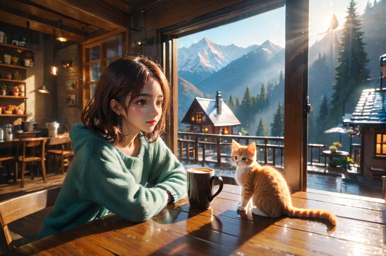 a coffee shop, (girl:1.3), (kitten sitting on the table:1.1), sitting next to the window, sunlight sprinkle, there is hot coffee on the table, rain outdoors, there is a warm fireplace in the coffee shop,, (masterpiece, best quality, ultra-detailed, 8K),beautiful house in mountains free space from trees, daylight:),bobcut,(colorful),cinematic lighting,midjourney