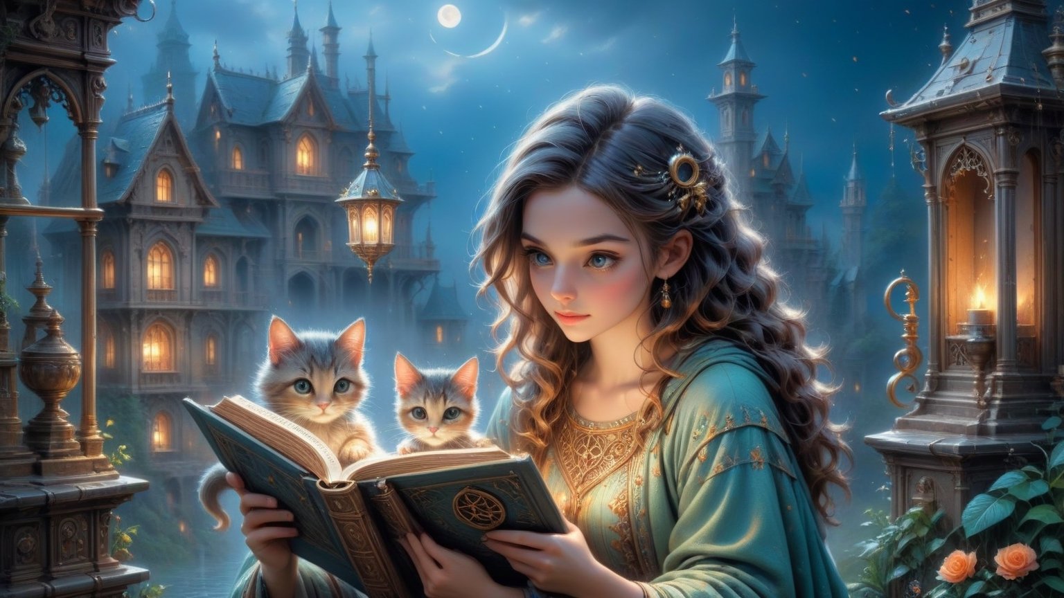 portrays a whimsical scene where one pretty young women and a small kitten are reading an ornate, and ancient-looking book. The book is open, displaying intricate and mysterious symbols, glyphs, and enigmatic illustrations across its pages. positioned with an intrigued or focused expression, its gaze fixed upon one of the symbols as if decoding its meaning.
In the backdrop, dark night, rain outdoors, there is a warm fireplace),(masterpiece, best quality, ultra-detailed, 8K),beautiful house in mountains free space from trees, dark night, moonlight comes through window:),bobcut,(colorful),cinematic lighting,midjourney