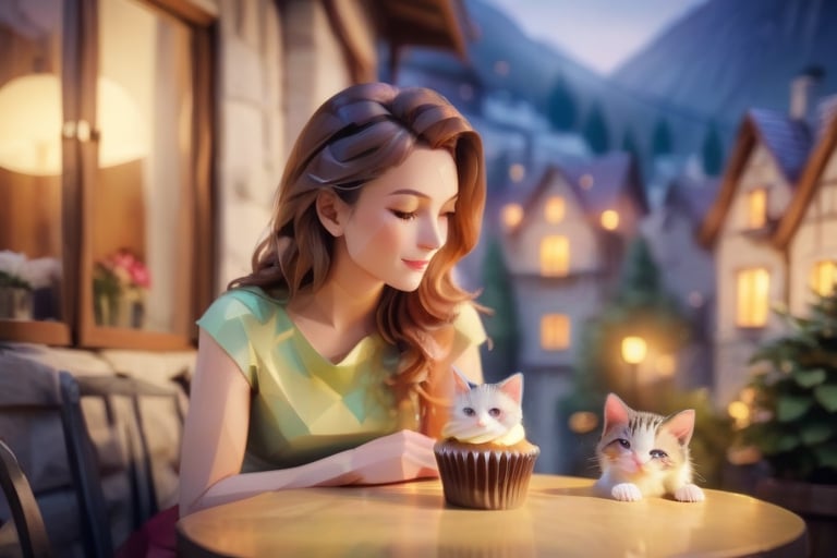 (( a elegant comely girl in her twenties and her kitten are sharing one beautiful cupcake:1.2)), long hair, pretty face, (a kitten sitting on the table), sitting next to the window, late night, moon light sprinkle, warm lamp, there is hot tea on the table, rain outdoors, there is a warm fireplace),(masterpiece, Long focal length lens，best quality, ultra-detailed, 8K),beautiful house in mountains free space from trees, daylight:),bobcut,(colorful),cinematic lighting,midjourney
