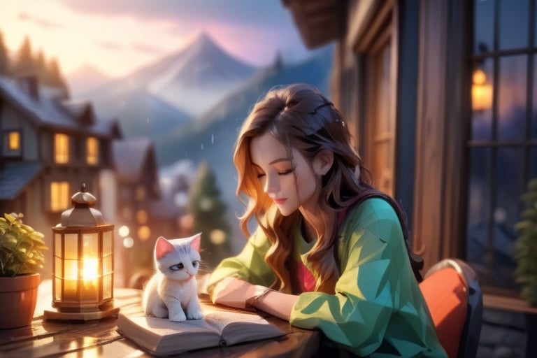 (( a girl in her twenties is reading a book:1.2)), long hair, pretty face, a kitten sitting on the table, sitting next to the window, late night, moon light sprinkle, warm lamp, there is hot tea on the table, rain outdoors, there is a warm fireplace),(masterpiece, best quality, ultra-detailed, 8K),beautiful house in mountains free space from trees, daylight:),bobcut,(colorful),cinematic lighting,midjourney
