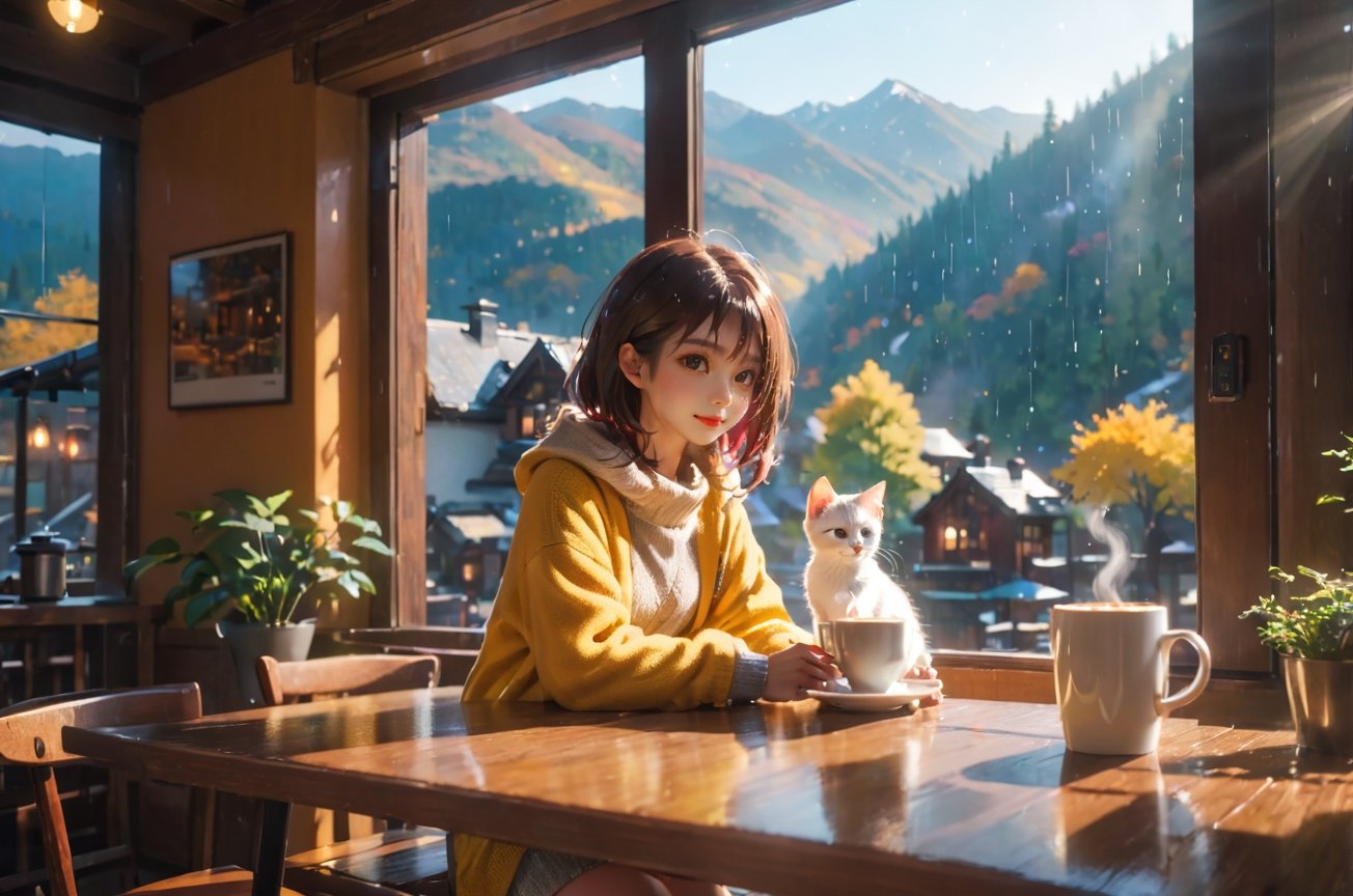 a coffee shop, (girl:1.3), (kitten sitting on the table:1.1), sitting next to the window, sunlight sprinkle, there is hot coffee on the table, rain outdoors, there is a warm fireplace in the coffee shop,, (masterpiece, best quality, ultra-detailed, 8K),beautiful house in mountains free space from trees, daylight:),bobcut,(colorful),cinematic lighting,midjourney