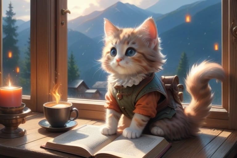 (a young girl, read a book), good proportion, (kitten sitting on the table:1.1), sitting next to the window, sunlight sprinkle, there is hot coffee on the table, rain outdoors, there is a warm fireplace),(masterpiece, best quality, ultra-detailed, 8K),beautiful house in mountains free space from trees, daylight:),bobcut,(colorful),cinematic lighting,midjourney
