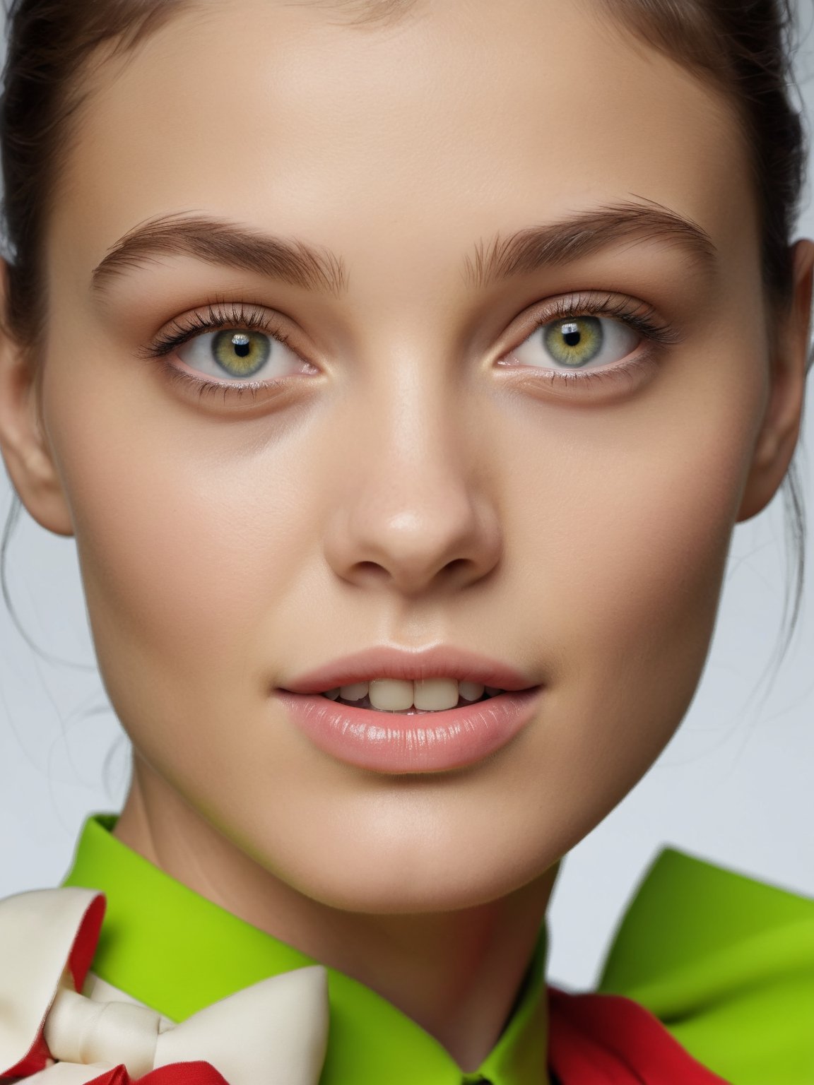 Professional Photo Studio Portrait, A young woman, with a Lime green color dress, and an Ivory stage runway, Richard Avedon, has a Bright face of Self-confidence, White teeth, More detailed eyelashes, a light smile with clean and more detailed eyes, and a natural skin tone, high resolution,  photorealistic,  photo,  realism,  sharp photography,  a photograph of,  maximum detail,  sharp focus,  intricate details,  ultra-realistic,  cinematic lighting,  volumetric lighting,  photography,  beautiful details,  cinematic lighting,  render,  8k,  Portra 800 medium format film,  105mm SMC Takumar,  3200 dpi scan,  mist,  octane render,  unreal engine,  8k,  photorealistic,  digital,  detailed,  extra fine details,  award photo quality,  photorealism,  8k,  UHD,  unreal engine,  octane,  highly realistic resolution UHD 8k octane, photorealistic, Realism, Young beauty spirit, milf, Best face ever in the world, SGBB,(PnMakeEnh), bul4n, b3rli, more detail , Vogue, better_hands,photorealistic