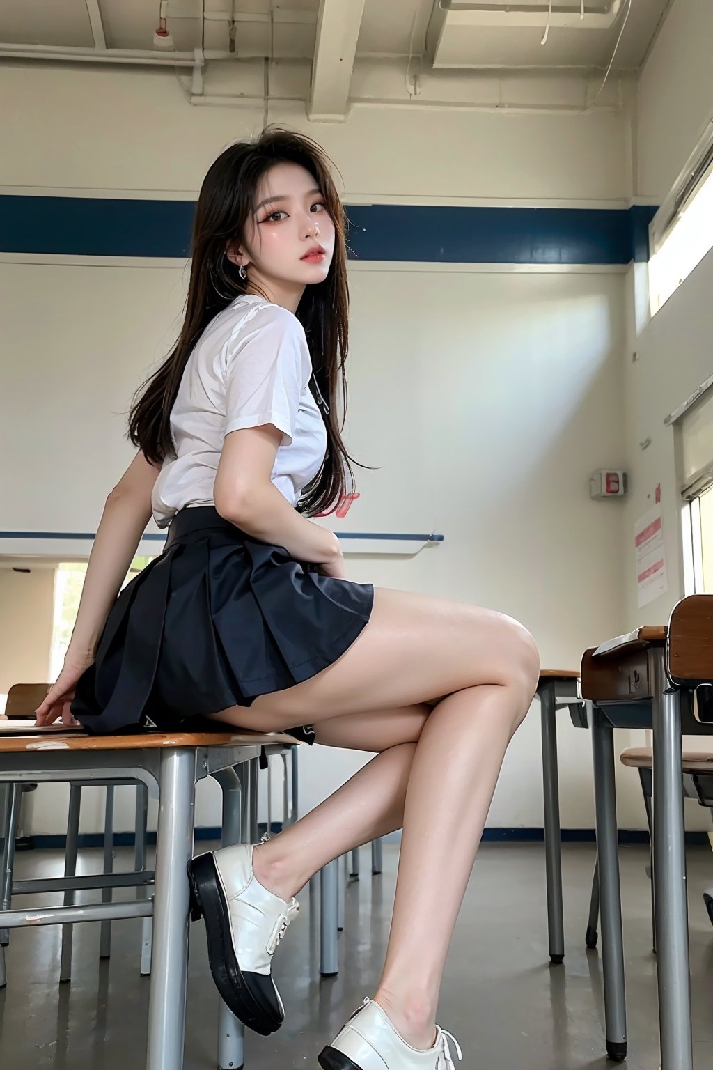 1 Korean girl,female high school student,black long high ponytail,high school,classroom,blurry background,bright,depth of field,earrings,from below,full body,long beauty legs,From below,Looking up,Shoes close to the camera,brown high school uniform, dark pleated skirt,very very short skirt,(Show the top of the thighs and butt), leather shoes,Sitting posture,jewelry,lips,long hair,looking at viewer,motion blur,parted lips,school,solo,Nice legs and hot body,full body to the feet, sit pose, sexy sit pose